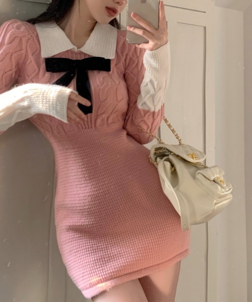 GEMEDA(ジェメダ)の「蝶々結びフロント ミニニットワンピース(ワンピース・レディース・ピンク/グレー・M)」の13枚目の写真