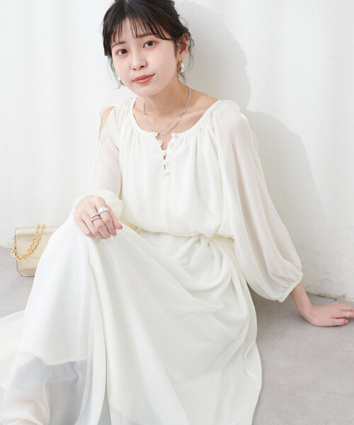 美品 ナチュラルクチュール 上品 袖スリット ロング ワンピース 茶色 natural couture（ナチュラルクチュール）の「【WEB限定カラー