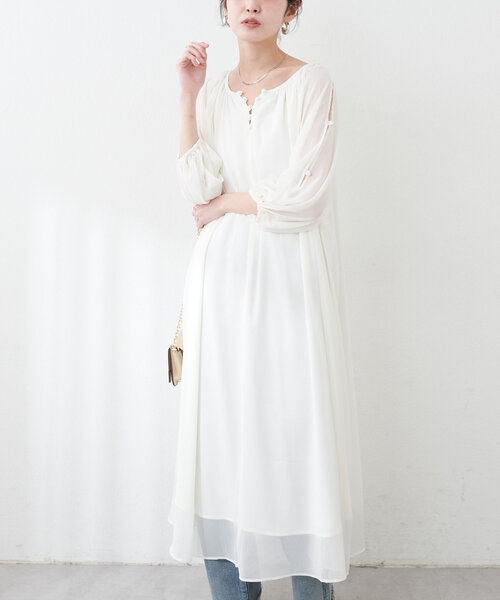 natural couture(ナチュラルクチュール)の「【WEB限定】シアー楊柳スリットデザインワンピース(ワンピース・レディース・ネイビー/ピンク/オフホワイト/ブラック・MEDIUM/LARGE)」の8枚目の写真