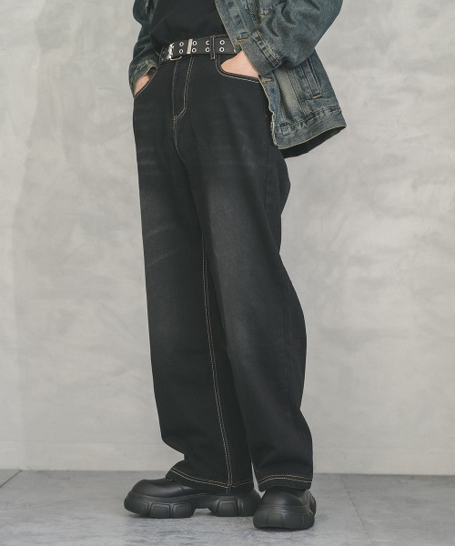 Shoowtime（ショウタイム）の「Vintage wash wide straight denim pants / ビンテージウォッシュワイドストレートデニムパンツ（デニムパンツ・メンズ・ブラック/ブルー・X-LARGE/LARGE/MEDIUM）」の3枚目の写真