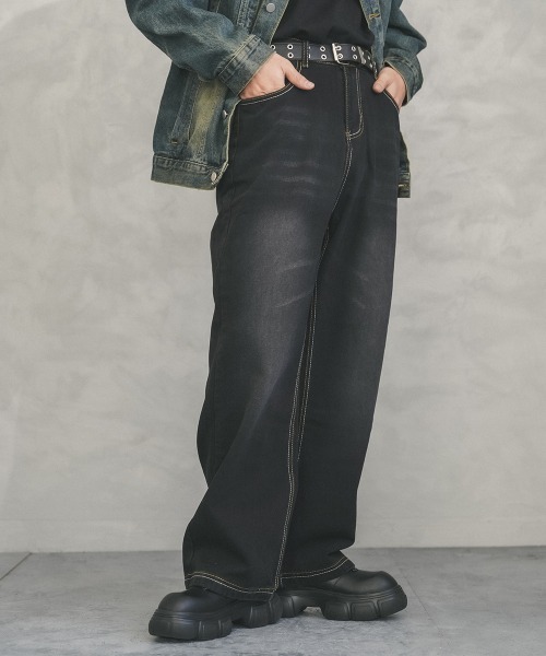 Shoowtime（ショウタイム）の「Vintage wash wide straight denim pants / ビンテージウォッシュワイドストレートデニムパンツ（デニムパンツ・メンズ・ブラック/ブルー・X-LARGE/LARGE/MEDIUM）」の4枚目の写真
