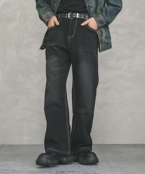 Shoowtime（ショウタイム）の「Vintage wash wide straight denim pants / ビンテージウォッシュワイドストレートデニムパンツ（デニムパンツ・メンズ・ブラック/ブルー・X-LARGE/LARGE/MEDIUM）」の5枚目の写真