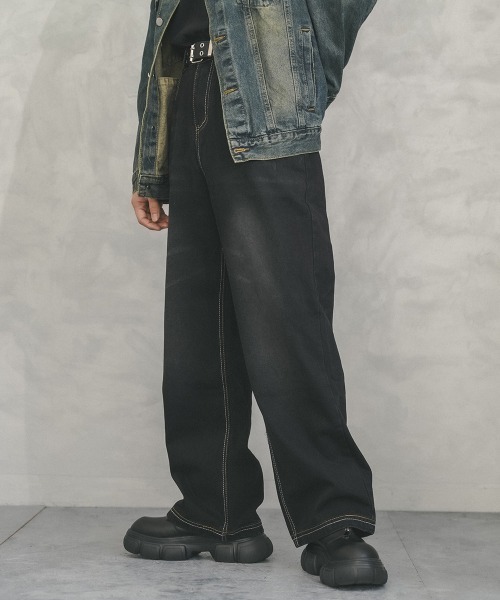 Shoowtime（ショウタイム）の「Vintage wash wide straight denim pants / ビンテージウォッシュワイドストレートデニムパンツ（デニムパンツ・メンズ・ブラック/ブルー・X-LARGE/LARGE/MEDIUM）」の6枚目の写真