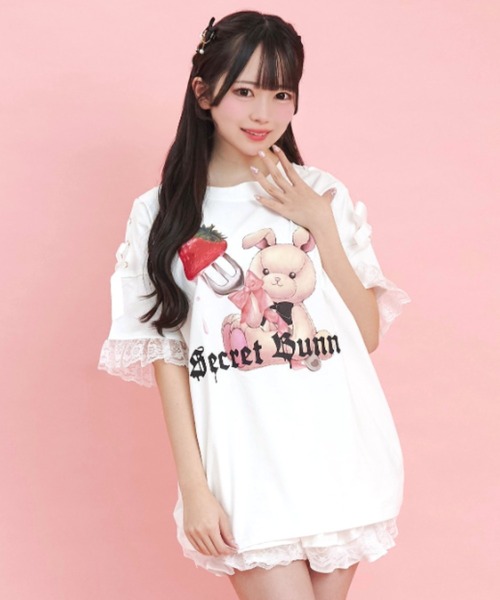 肩レースアップうさぎプリントTシャツ（Tシャツ/カットソー