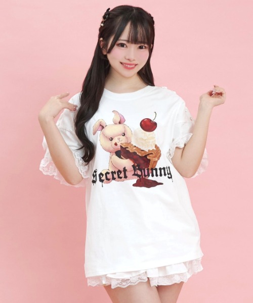 シークレットハニー Secret Honey 肩レースアップうさぎプリントTシャツ （Lホワイト） シークレットハニー Secret Honey 肩レースアップうさぎプリント