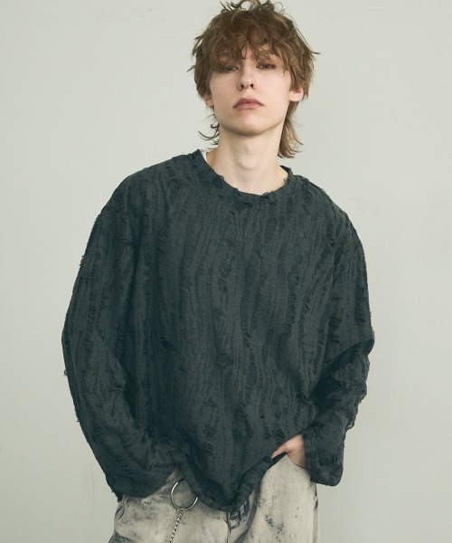 Shoowtime(ショウタイム)の「All over damage design long T-shirt / オールオーバーダメージデザインロングTシャツ(Tシャツ/カットソー・メンズ・ブラック/オフホワイト/グレー・MEDIUM/LARGE/X-LARGE)」の1枚目の写真