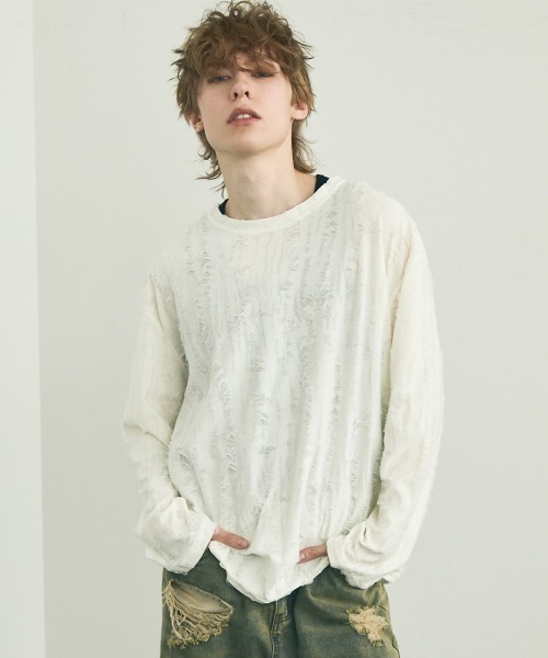 Shoowtime(ショウタイム)の「All over damage design long T-shirt / オールオーバーダメージデザインロングTシャツ(Tシャツ/カットソー・メンズ・ブラック/オフホワイト/グレー・MEDIUM/LARGE/X-LARGE)」の4枚目の写真