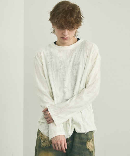Shoowtime(ショウタイム)の「All over damage design long T-shirt / オールオーバーダメージデザインロングTシャツ(Tシャツ/カットソー・メンズ・ブラック/オフホワイト/グレー・MEDIUM/LARGE/X-LARGE)」の5枚目の写真