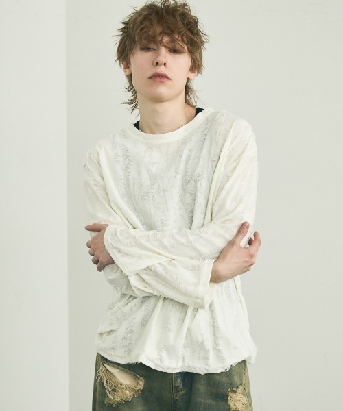 Shoowtime(ショウタイム)の「All over damage design long T-shirt / オールオーバーダメージデザインロングTシャツ(Tシャツ/カットソー・メンズ・ブラック/オフホワイト/グレー・MEDIUM/LARGE/X-LARGE)」の6枚目の写真