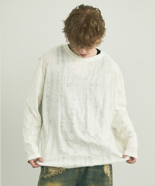 Shoowtime(ショウタイム)の「All over damage design long T-shirt / オールオーバーダメージデザインロングTシャツ(Tシャツ/カットソー・メンズ・ブラック/オフホワイト/グレー・MEDIUM/LARGE/X-LARGE)」の7枚目の写真