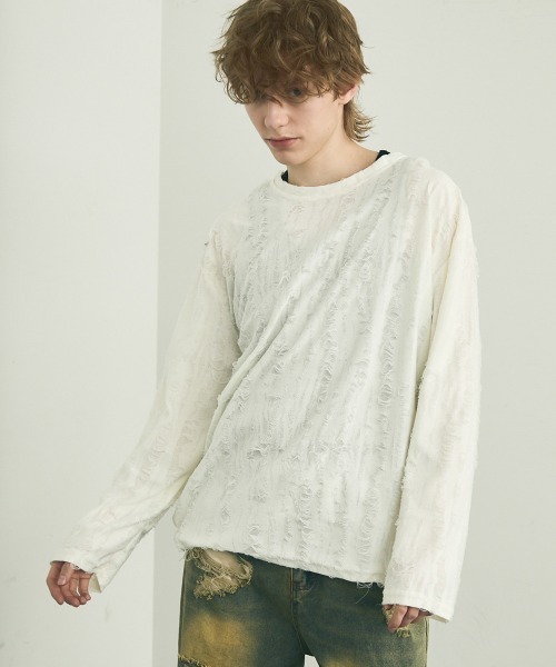 Shoowtime(ショウタイム)の「All over damage design long T-shirt / オールオーバーダメージデザインロングTシャツ(Tシャツ/カットソー・メンズ・ブラック/オフホワイト/グレー・MEDIUM/LARGE/X-LARGE)」の8枚目の写真