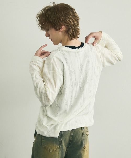 Shoowtime(ショウタイム)の「All over damage design long T-shirt / オールオーバーダメージデザインロングTシャツ(Tシャツ/カットソー・メンズ・ブラック/オフホワイト/グレー・MEDIUM/LARGE/X-LARGE)」の11枚目の写真