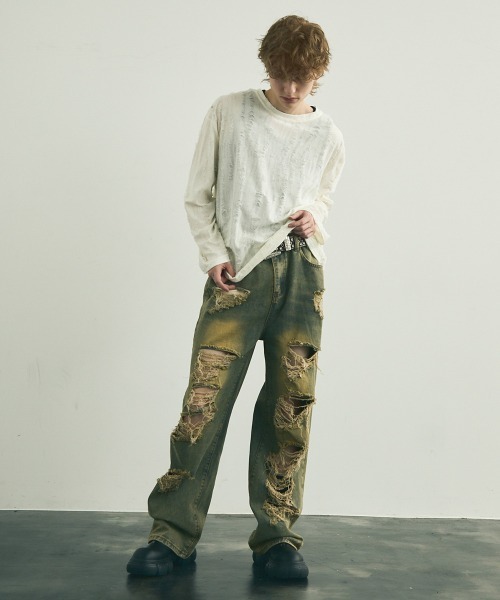 Shoowtime(ショウタイム)の「All over damage design long T-shirt / オールオーバーダメージデザインロングTシャツ(Tシャツ/カットソー・メンズ・ブラック/オフホワイト/グレー・MEDIUM/LARGE/X-LARGE)」の14枚目の写真