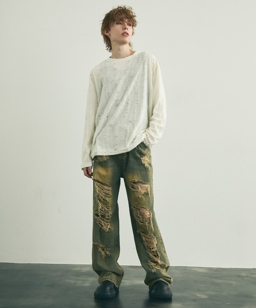 Shoowtime(ショウタイム)の「All over damage design long T-shirt / オールオーバーダメージデザインロングTシャツ(Tシャツ/カットソー・メンズ・ブラック/オフホワイト/グレー・MEDIUM/LARGE/X-LARGE)」の15枚目の写真