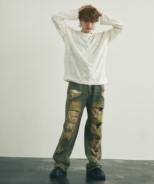 Shoowtime(ショウタイム)の「All over damage design long T-shirt / オールオーバーダメージデザインロングTシャツ(Tシャツ/カットソー・メンズ・ブラック/オフホワイト/グレー・MEDIUM/LARGE/X-LARGE)」の17枚目の写真