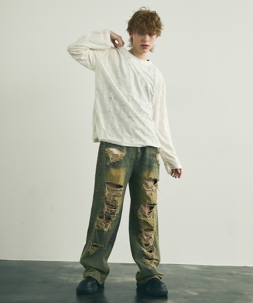 Shoowtime(ショウタイム)の「All over damage design long T-shirt / オールオーバーダメージデザインロングTシャツ(Tシャツ/カットソー・メンズ・ブラック/オフホワイト/グレー・MEDIUM/LARGE/X-LARGE)」の19枚目の写真