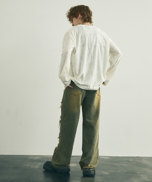 Shoowtime(ショウタイム)の「All over damage design long T-shirt / オールオーバーダメージデザインロングTシャツ(Tシャツ/カットソー・メンズ・ブラック/オフホワイト/グレー・MEDIUM/LARGE/X-LARGE)」の20枚目の写真