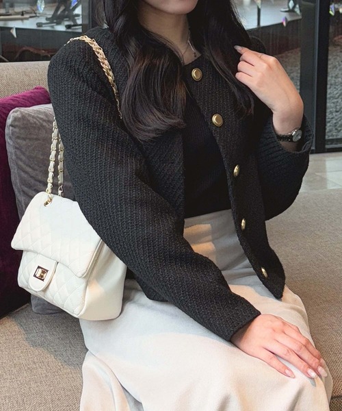 aquagarage(アクアガレージ)の「ノーカラーツイードジャケット(その他アウター・レディース・ホワイト系その他/ブラック・L/M)」の1枚目の写真