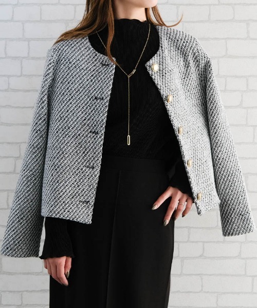 aquagarage(アクアガレージ)の「ノーカラーツイードジャケット(その他アウター・レディース・ホワイト系その他/ブラック・L/M)」の4枚目の写真