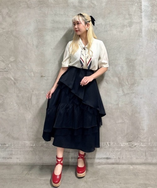 ロゴラインスカーフ付き5分袖シャツ 夏服（シャツ/ブラウス）｜an