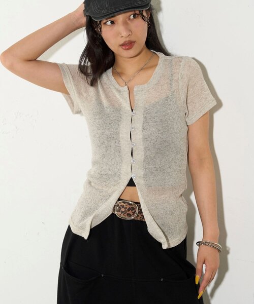 WHO'S WHO gallery（フーズフーギャラリー）の「シアーナロー半袖カーディガン（カーディガン/ボレロ・レディース・イエロー/オフホワイト/グレー/ブラック・FREE）」の8枚目の写真