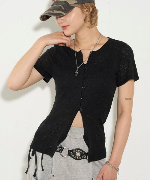 WHO'S WHO gallery（フーズフーギャラリー）の「シアーナロー半袖カーディガン（カーディガン/ボレロ・レディース・イエロー/オフホワイト/グレー/ブラック・FREE）」の19枚目の写真