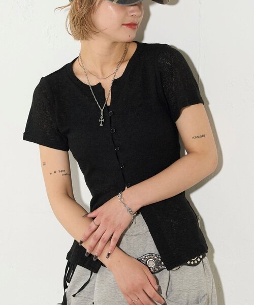 WHO'S WHO gallery（フーズフーギャラリー）の「シアーナロー半袖カーディガン（カーディガン/ボレロ・レディース・イエロー/オフホワイト/グレー/ブラック・FREE）」の15枚目の写真