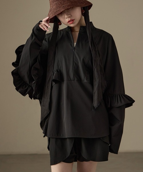 Fashion Letter（ファッションレター）の「水陸両用 フリルデザイン ラッシュガード ブラウス（ラッシュガード・レディース・ブラック・M）」の5枚目の写真