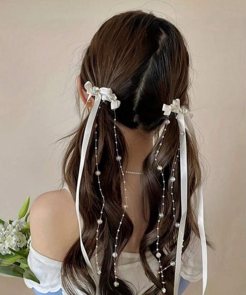 セール】6C33 パール付きリボンヘアクリップ（バレッタ/ヘアクリップ