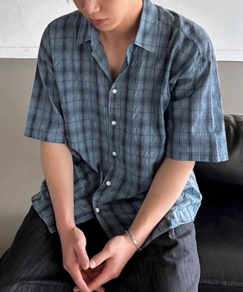 NOWLE(ノウル)の「【NOWLE】シアサッカー チェック 半袖 ボタン シャツ(シャツ/ブラウス・メンズ・ダークグレー/ブルー・X-LARGE/MEDIUM/LARGE)」の1枚目の写真