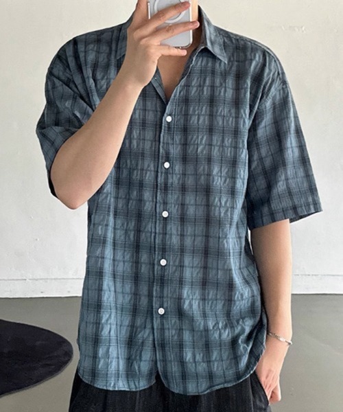 NOWLE(ノウル)の「【NOWLE】シアサッカー チェック 半袖 ボタン シャツ(シャツ/ブラウス・メンズ・ダークグレー/ブルー・X-LARGE/MEDIUM/LARGE)」の3枚目の写真