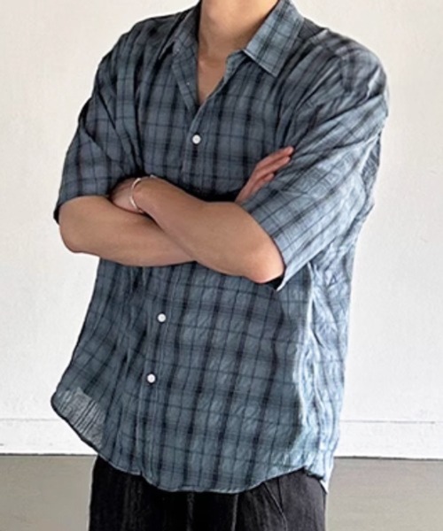 NOWLE(ノウル)の「【NOWLE】シアサッカー チェック 半袖 ボタン シャツ(シャツ/ブラウス・メンズ・ダークグレー/ブルー・X-LARGE/MEDIUM/LARGE)」の4枚目の写真