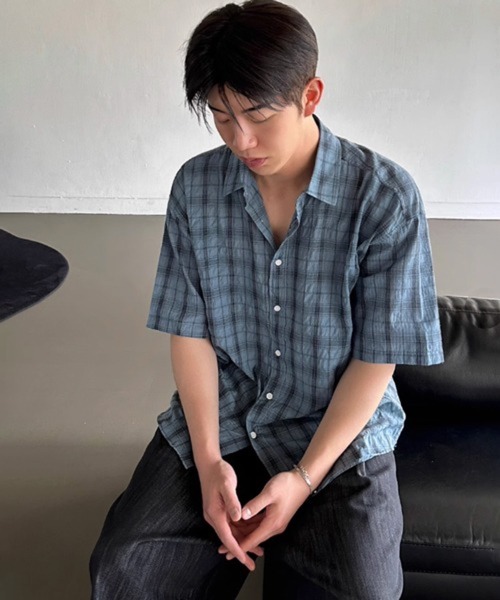 NOWLE(ノウル)の「【NOWLE】シアサッカー チェック 半袖 ボタン シャツ(シャツ/ブラウス・メンズ・ダークグレー/ブルー・X-LARGE/MEDIUM/LARGE)」の8枚目の写真