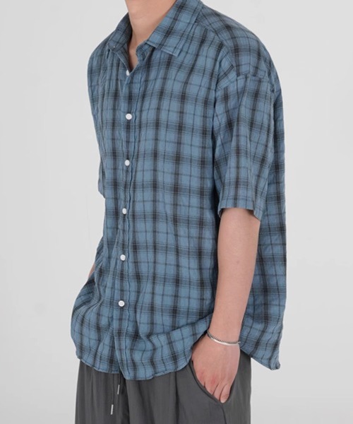 NOWLE(ノウル)の「【NOWLE】シアサッカー チェック 半袖 ボタン シャツ(シャツ/ブラウス・メンズ・ダークグレー/ブルー・X-LARGE/MEDIUM/LARGE)」の11枚目の写真