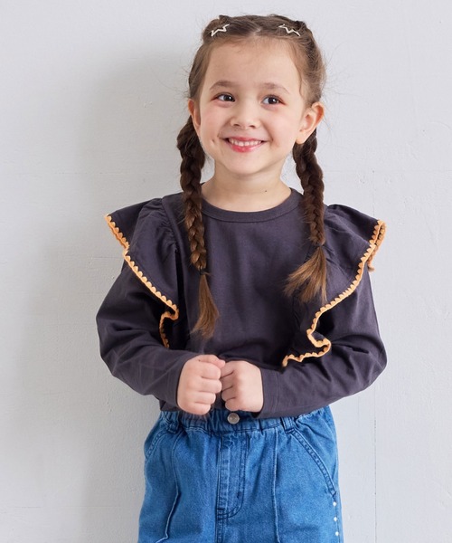 Life Support Products（ライフサポートプロダクツ）の「フリル刺繍ロンティー（Tシャツ/カットソー・キッズ・チャコール/ホワイト系その他/グリーン/ピンク・80/90/95/100/110/120/130/140/150）」の3枚目の写真