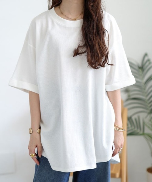 GOLDJAPAN(ゴールドジャパン)の「コットンワッフルロールアップ袖Tシャツ【大きいサイズ対応】(Tシャツ/カットソー・レディース・杢グレー/ホワイト/ブラック/ネイビー/パープル・LL~3L/4L~5L)」の2枚目の写真