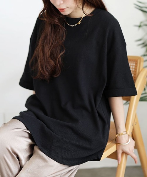GOLDJAPAN(ゴールドジャパン)の「コットンワッフルロールアップ袖Tシャツ【大きいサイズ対応】(Tシャツ/カットソー・レディース・杢グレー/ホワイト/ブラック/ネイビー/パープル・LL~3L/4L~5L)」の3枚目の写真