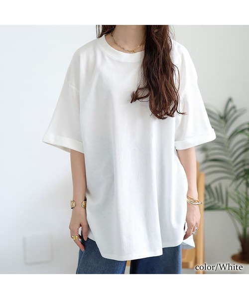 GOLDJAPAN(ゴールドジャパン)の「コットンワッフルロールアップ袖Tシャツ【大きいサイズ対応】(Tシャツ/カットソー・レディース・杢グレー/ホワイト/ブラック/ネイビー/パープル・LL~3L/4L~5L)」の11枚目の写真