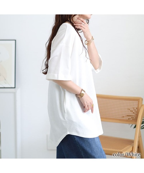 GOLDJAPAN(ゴールドジャパン)の「コットンワッフルロールアップ袖Tシャツ【大きいサイズ対応】(Tシャツ/カットソー・レディース・杢グレー/ホワイト/ブラック/ネイビー/パープル・LL~3L/4L~5L)」の12枚目の写真