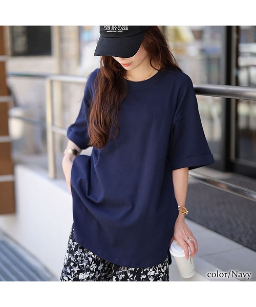 GOLDJAPAN(ゴールドジャパン)の「コットンワッフルロールアップ袖Tシャツ【大きいサイズ対応】(Tシャツ/カットソー・レディース・杢グレー/ホワイト/ブラック/ネイビー/パープル・LL~3L/4L~5L)」の14枚目の写真