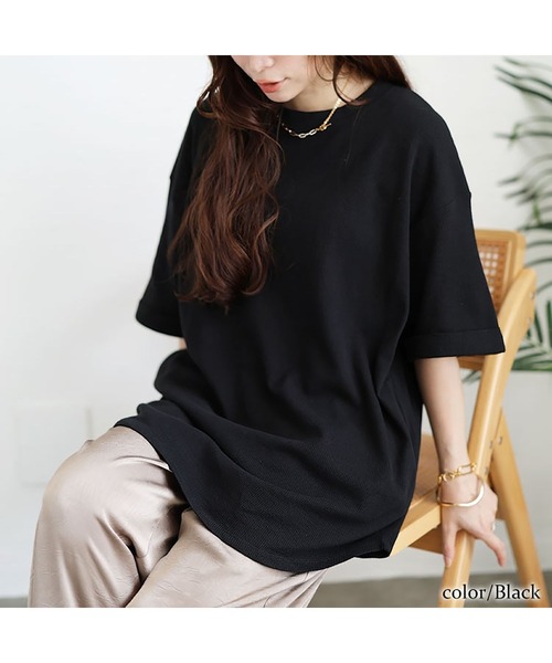 GOLDJAPAN(ゴールドジャパン)の「コットンワッフルロールアップ袖Tシャツ【大きいサイズ対応】(Tシャツ/カットソー・レディース・杢グレー/ホワイト/ブラック/ネイビー/パープル・LL~3L/4L~5L)」の18枚目の写真