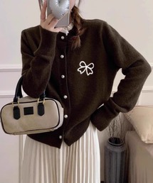 リボン 刺繍 フリルネック ニット カーディガン