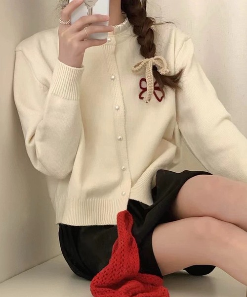 Lace Ladies(レースレディース)の「リボン 刺繍 フリルネック ニット カーディガン(カーディガン/ボレロ・レディース・グリーン/グレー/ピンク/アイボリー・FREE)」の7枚目の写真
