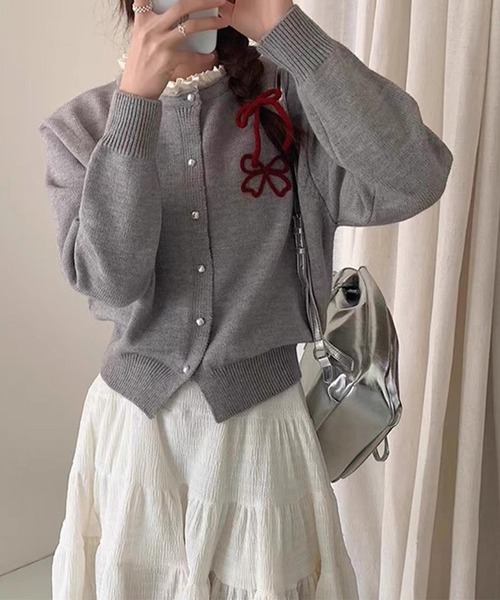 Lace Ladies(レースレディース)の「リボン 刺繍 フリルネック ニット カーディガン(カーディガン/ボレロ・レディース・グリーン/グレー/ピンク/アイボリー・FREE)」の9枚目の写真