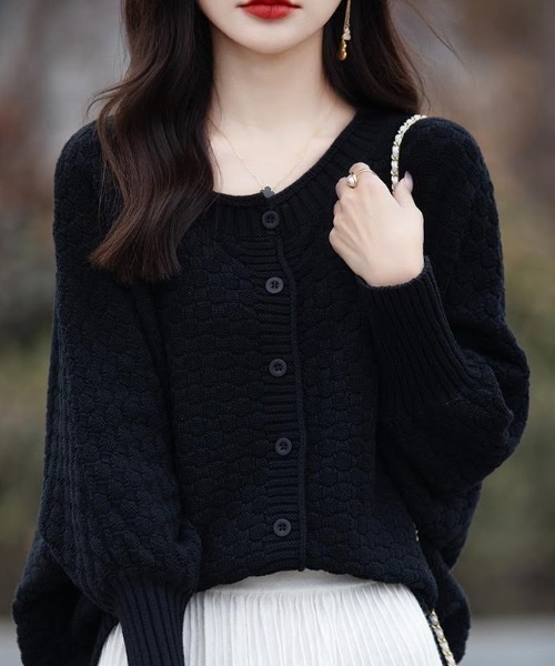 【美品】Drawer SPRING1 5Gポップコーン編みカーディガン ブラック セール】柄編み模様ニットカーディガン（カーディガン/ボレロ