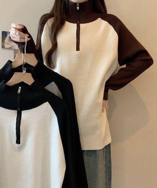 almo（アルモ）の「【portulaca】ハーフジップニットトップス（ニット/セーター・レディース・ブラウン系その他/ブラック系その他/ブラック×グレー・FREE）」の4枚目の写真