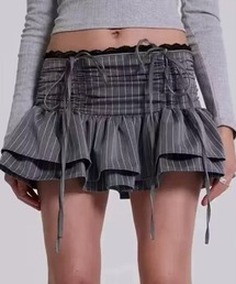 【WEB限定】ストライプ柄レースデザイン2段フリルミニスカート［韓国ファッション ガーリー］