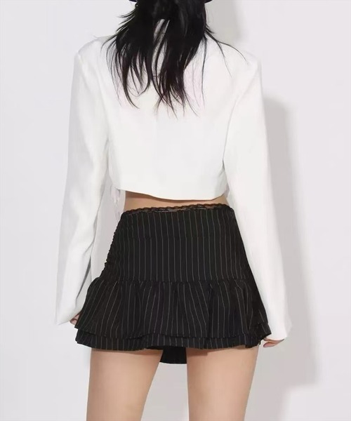 STAY MOTION（ステイモーション）の「【WEB限定】ストライプ柄レースデザイン2段フリルミニスカート［韓国ファッション ガーリー］（スカート・レディース・チャコールグレー/ブラック・S/M）」の5枚目の写真