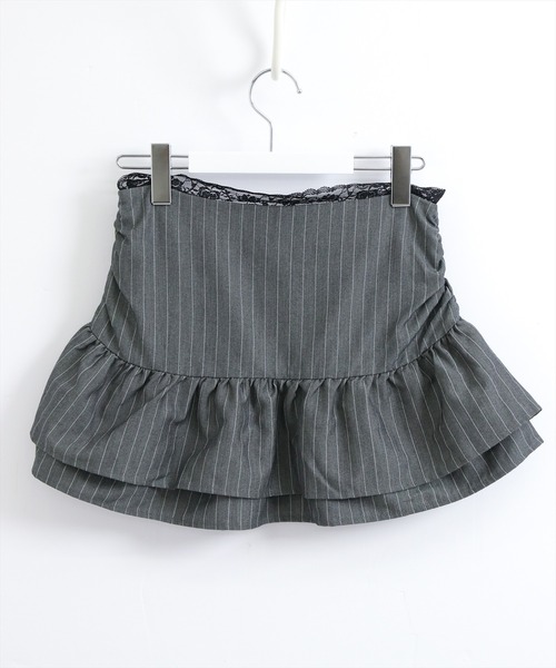STAY MOTION（ステイモーション）の「【WEB限定】ストライプ柄レースデザイン2段フリルミニスカート［韓国ファッション ガーリー］（スカート・レディース・チャコールグレー/ブラック・S/M）」の11枚目の写真
