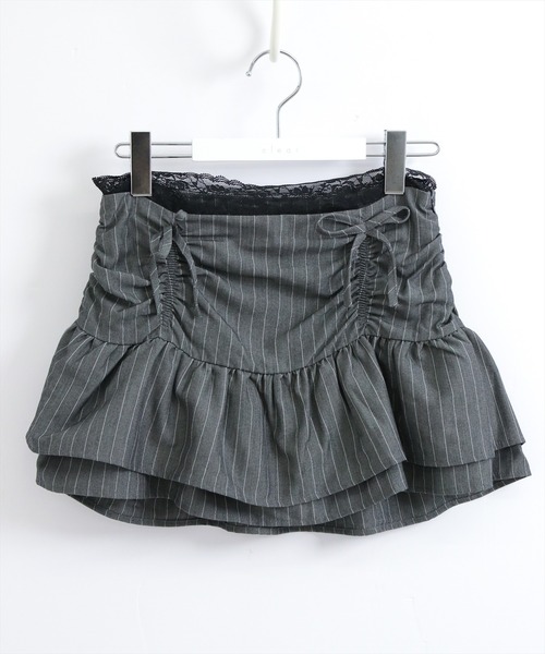 STAY MOTION（ステイモーション）の「【WEB限定】ストライプ柄レースデザイン2段フリルミニスカート［韓国ファッション ガーリー］（スカート・レディース・チャコールグレー/ブラック・S/M）」の10枚目の写真
